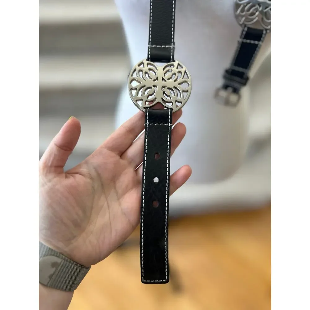 Vintage Calvin Klein Y2K Black Leather Silver Medallion Belt XL